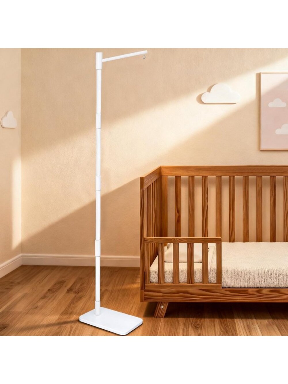 Adjustable White Crib Mobile Stand - 65” Beech Wood Baby Mobile Arm - Modern